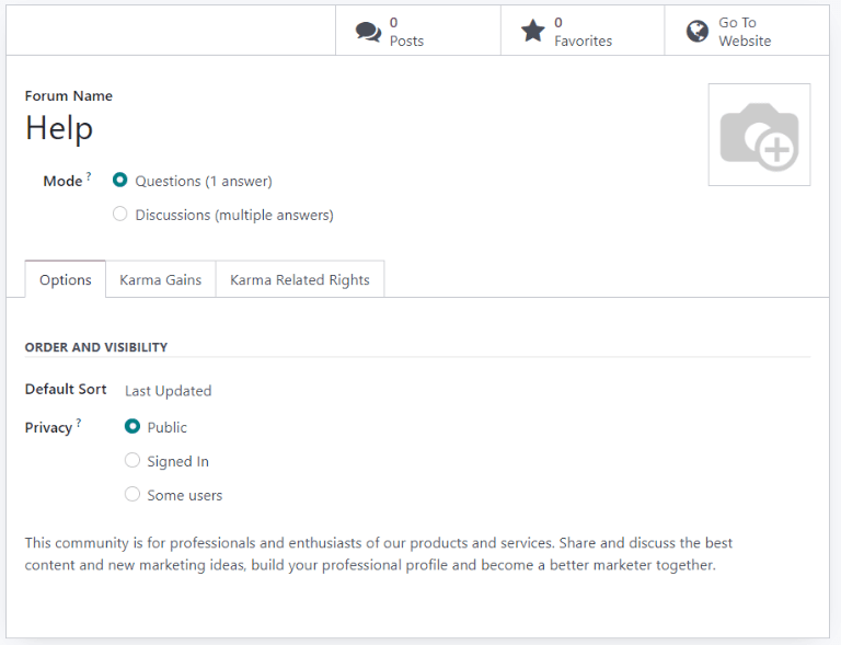Overview of a forum's settings page in Odoo Helpdesk.