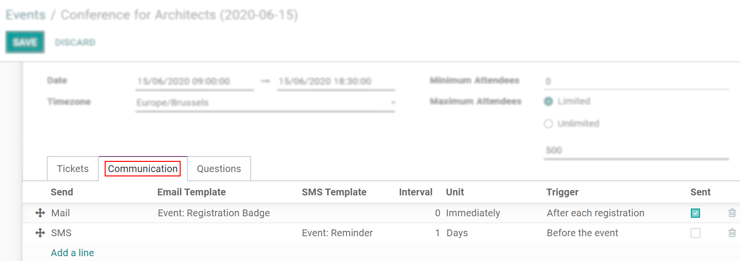 View of an event form and the tab communication in Odoo Events
