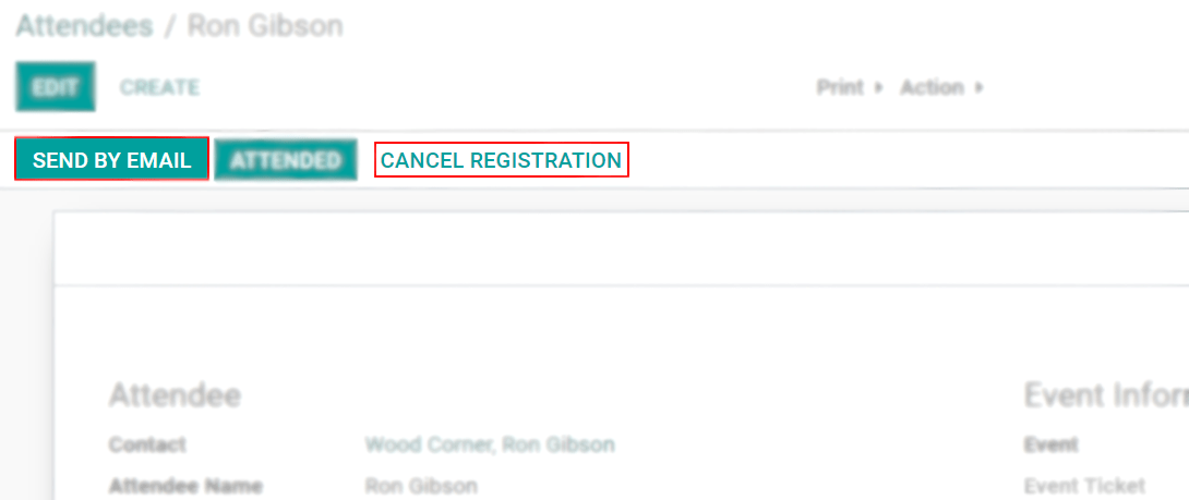 View of an attendee form emphasizing the send by email and cancel registration in Odoo Events