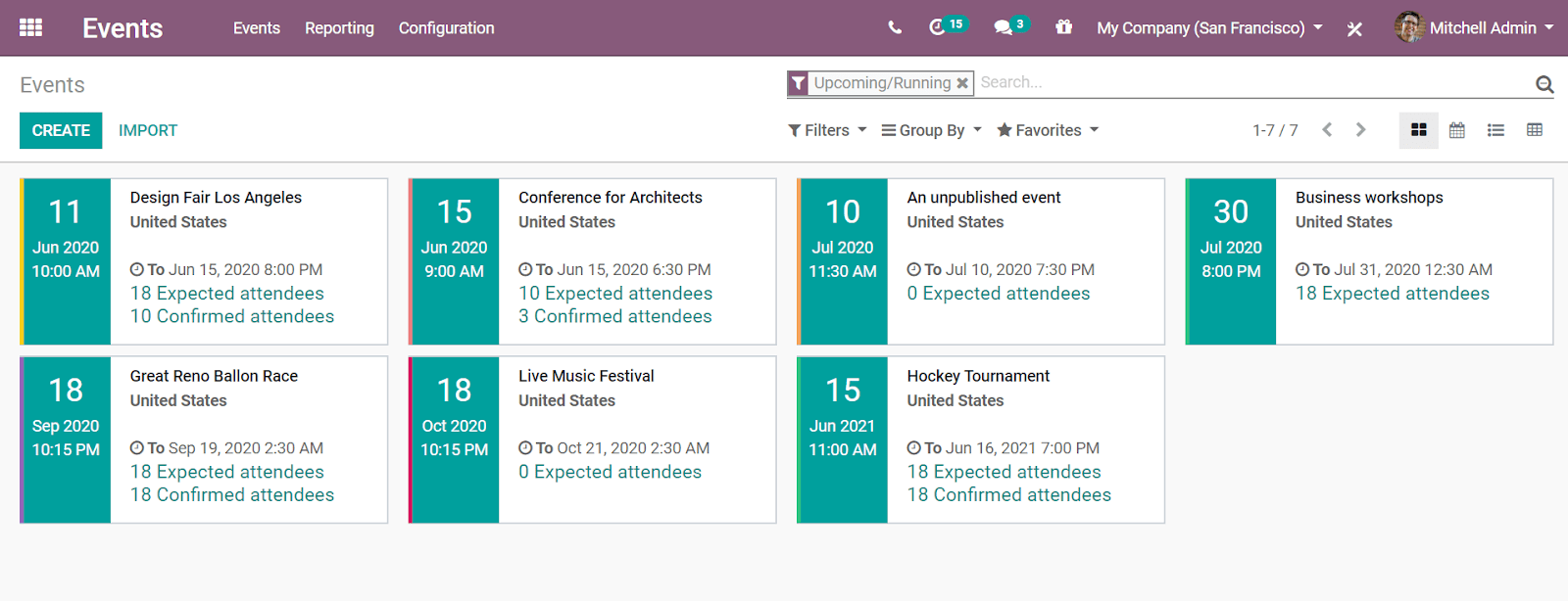 Overview of events with the kanban view in Odoo Events