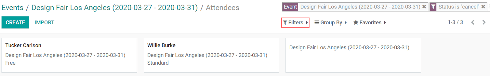 View of a list of the canceled attendees using the filters in Odoo Events