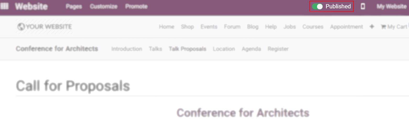 View of a website page and the option to publish the event in Odoo Events