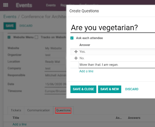 View of an event form and a question’s window opened in Odoo Events