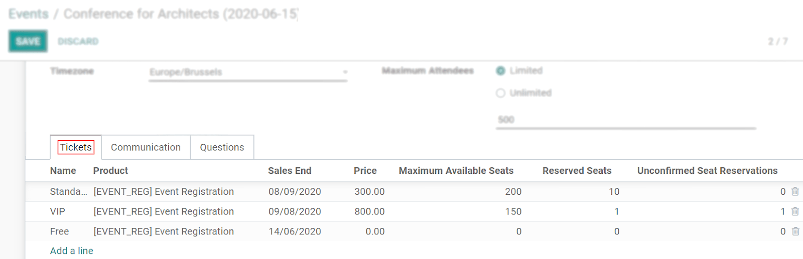 View of an event form emphasizing the tab tickets in Odoo Events