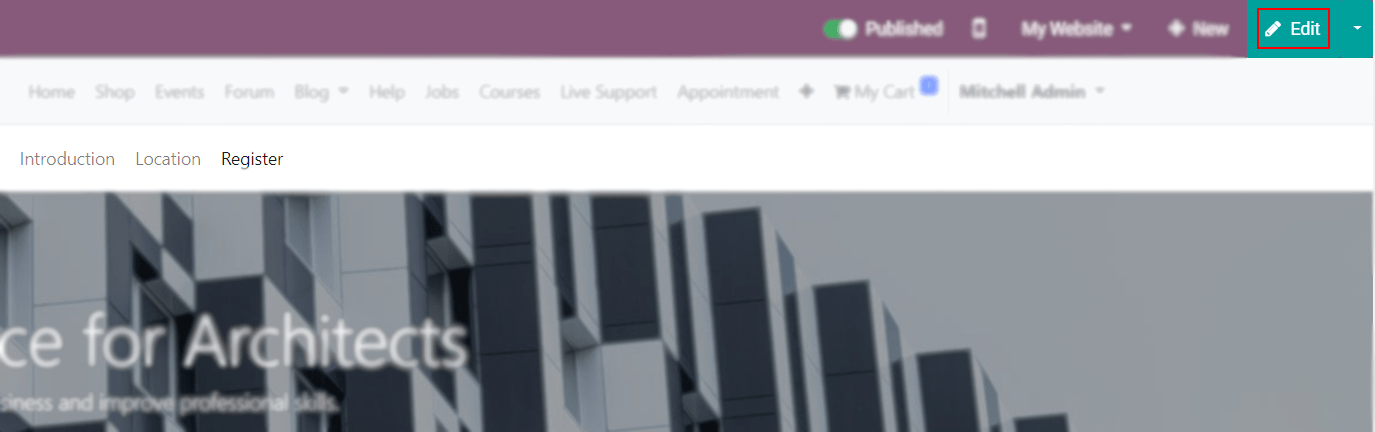 View of an event's website page emphasizing the edit button for Odoo Events