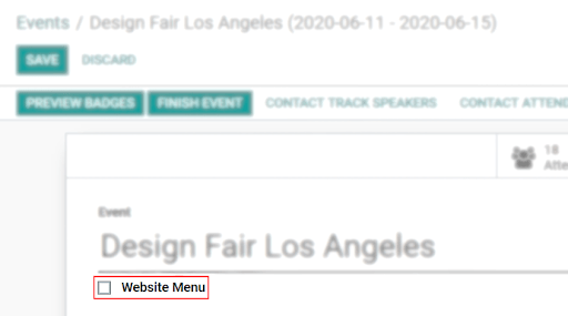 View of an event's form emphasizing the option website menu in Odoo Events