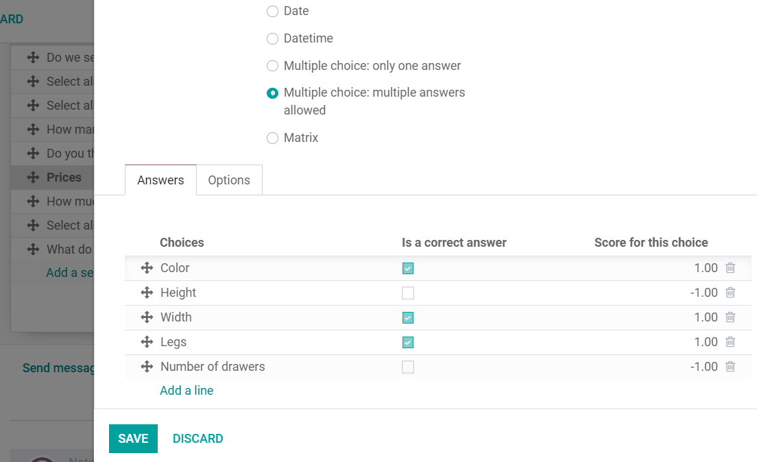 Form view of a survey showing a list of answers in Odoo Surveys