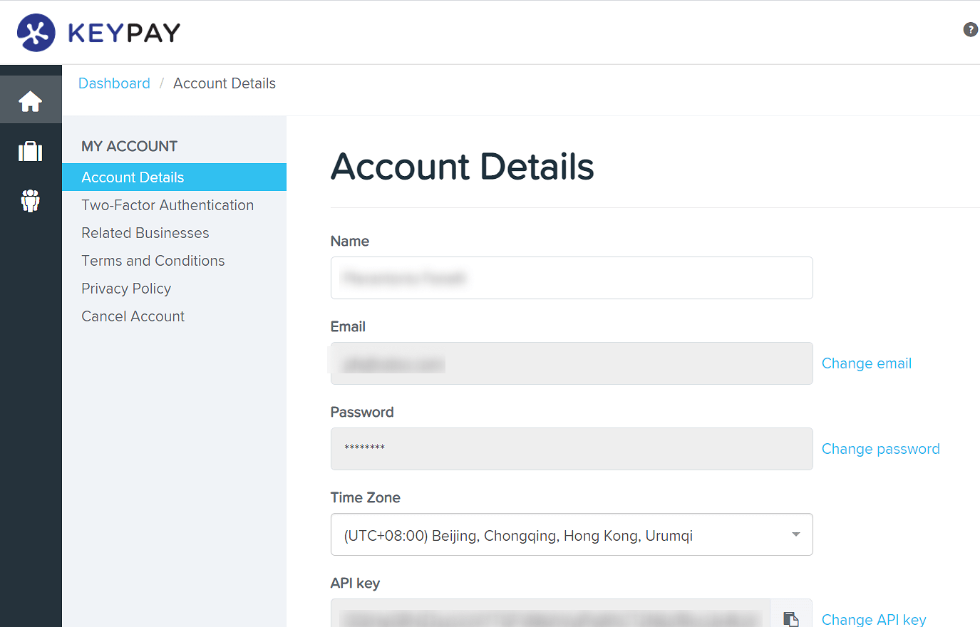 "Account Details" section on the KeyPay dashboard