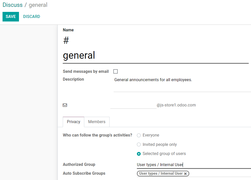 View of a channel’s settings form in Odoo Discuss