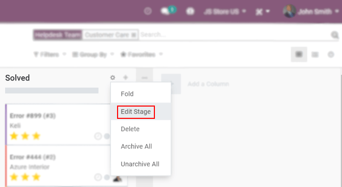 Overview of a helpdesk team kanban view emphasizing the menu edit stage in Odoo Helpdesk