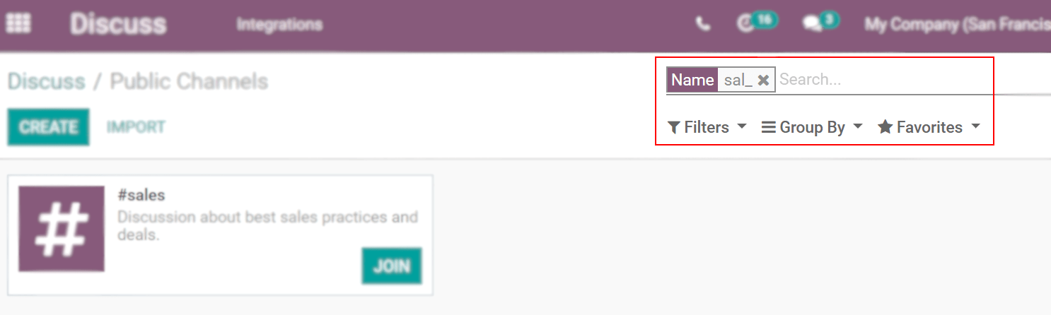 View of a channel being searched through filters in Odoo Discuss
