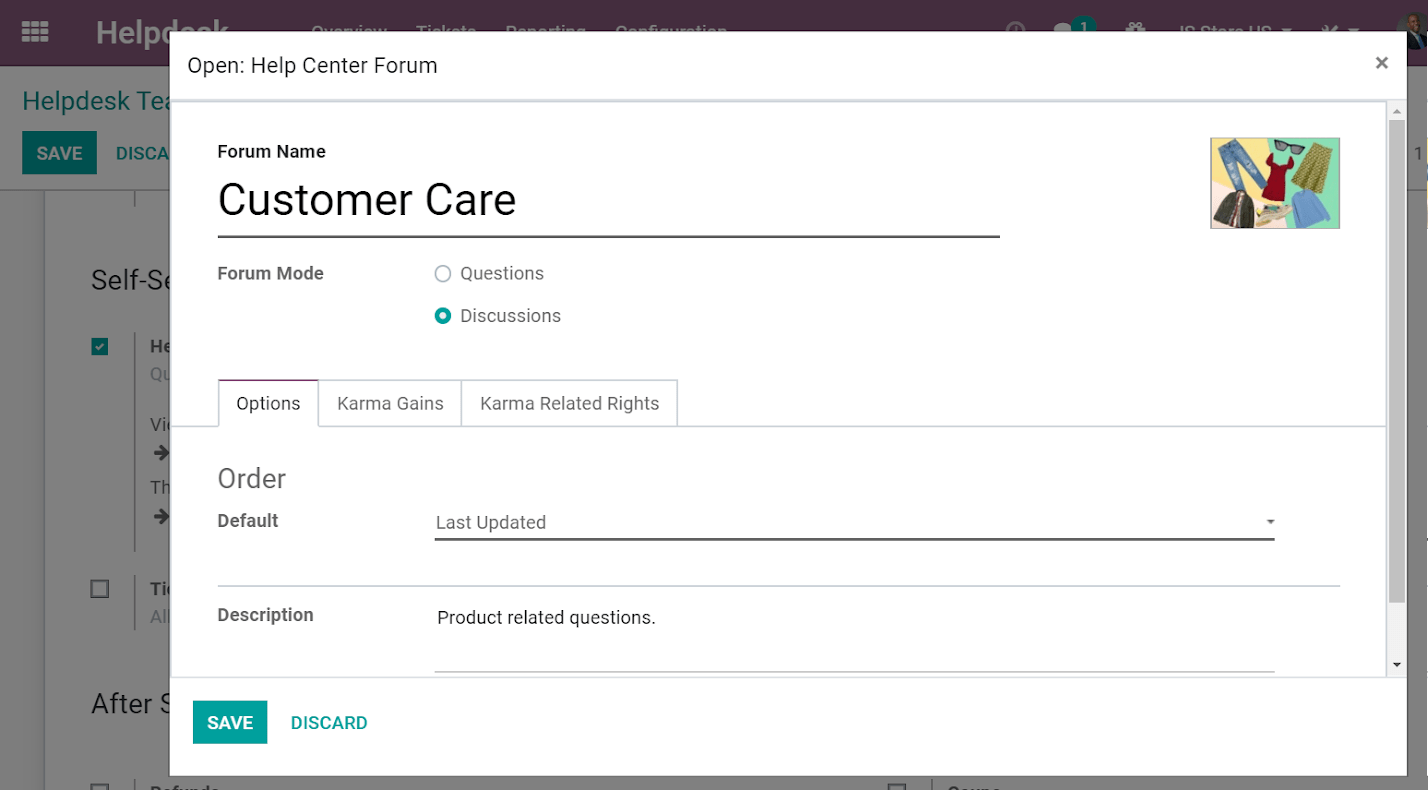 Overview of a forum’s settings page in Odoo Helpdesk