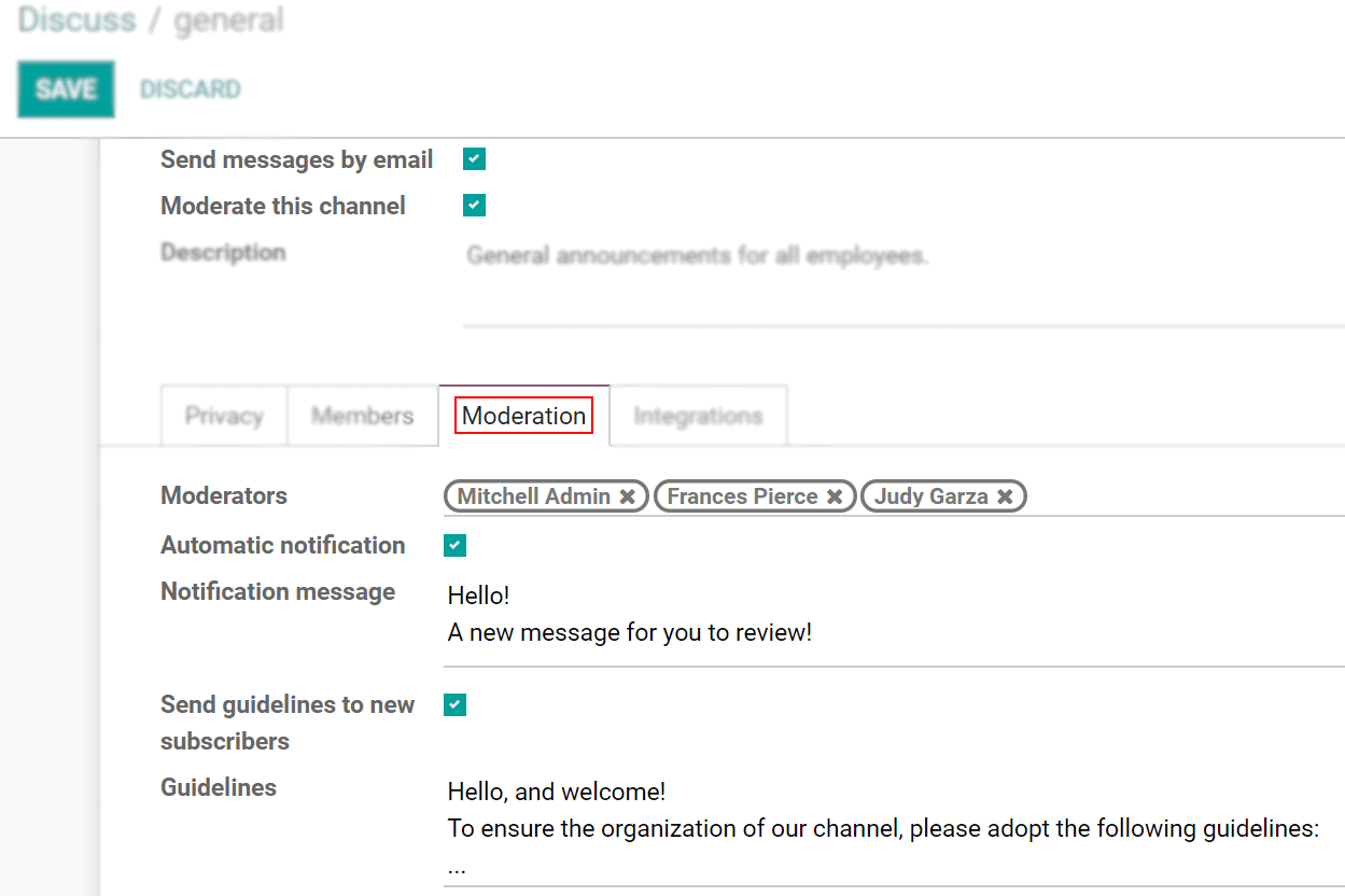 View of a channel’s settings form emphasizing the tab moderation in Odoo Discuss
