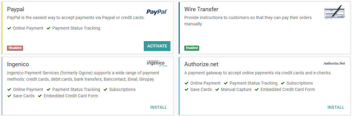 Click on install, then on activate to make the payment acquirer available on Odoo.