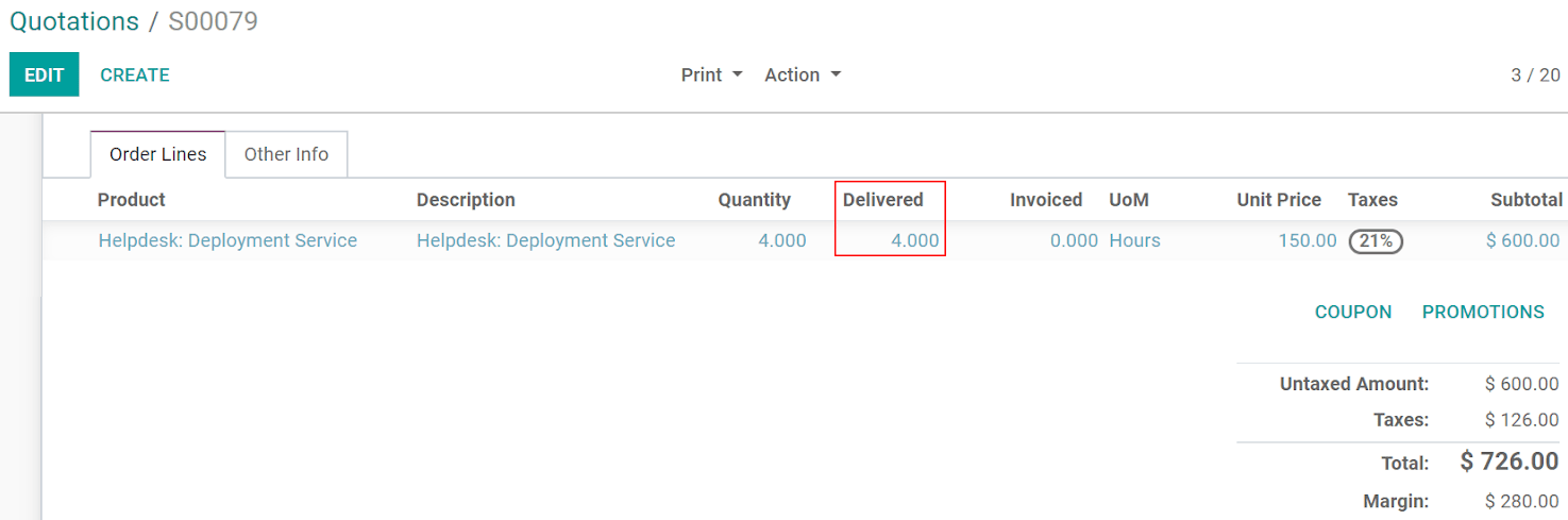 View of a sales order emphasizing the delivered column in Odoo Sales