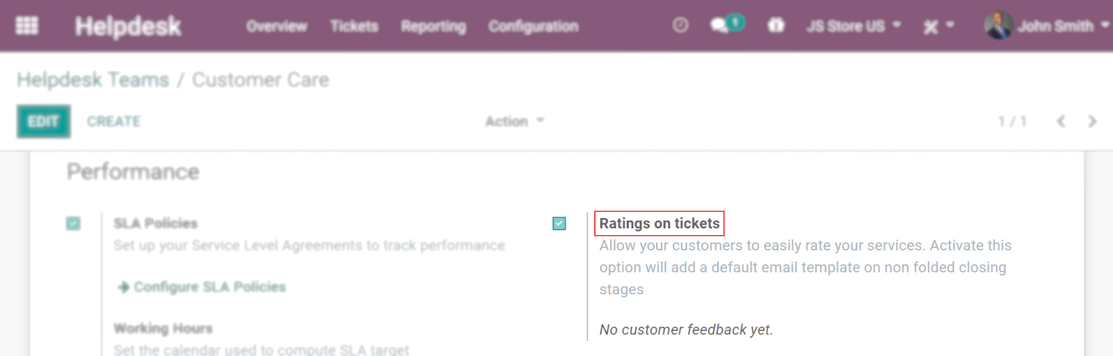 Overview of the settings page of a helpdesk team emphasizing the rating on ticket feature in Odoo Helpdesk
