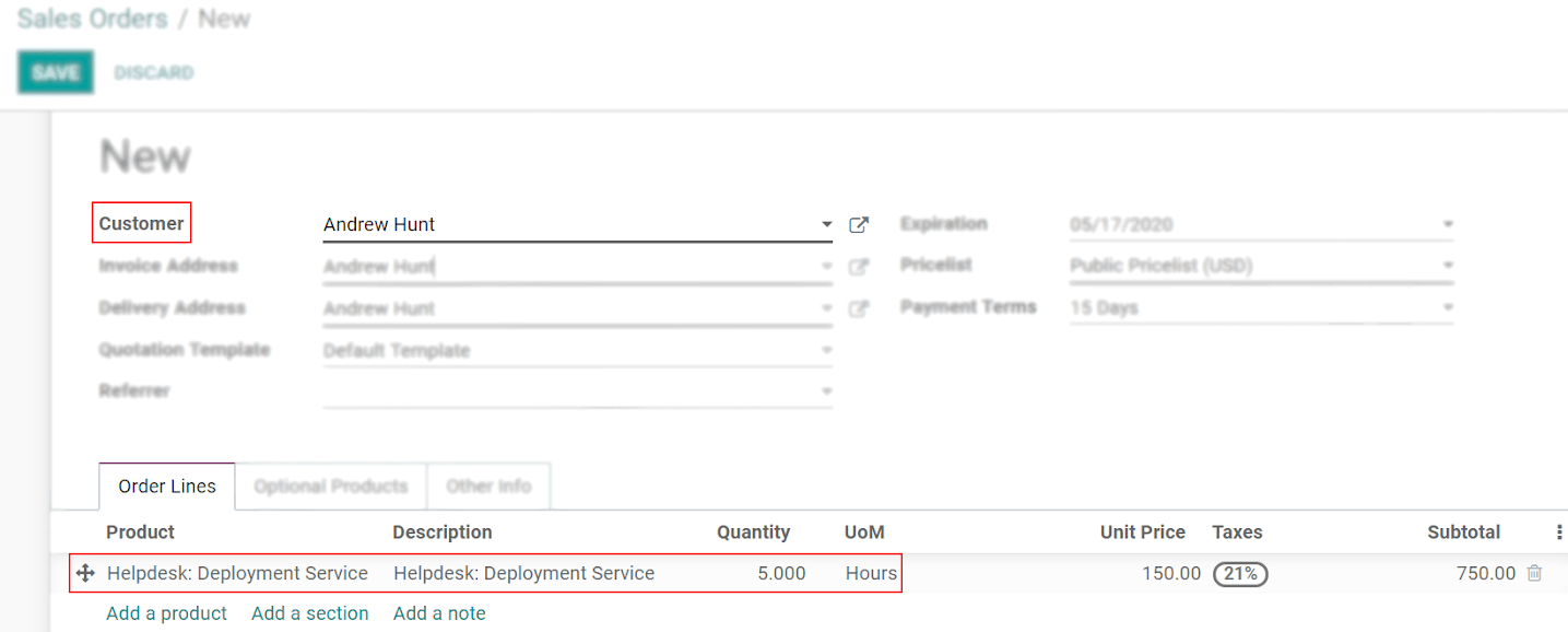 View of a sales order emphasizing the order lines in Odoo Sales
