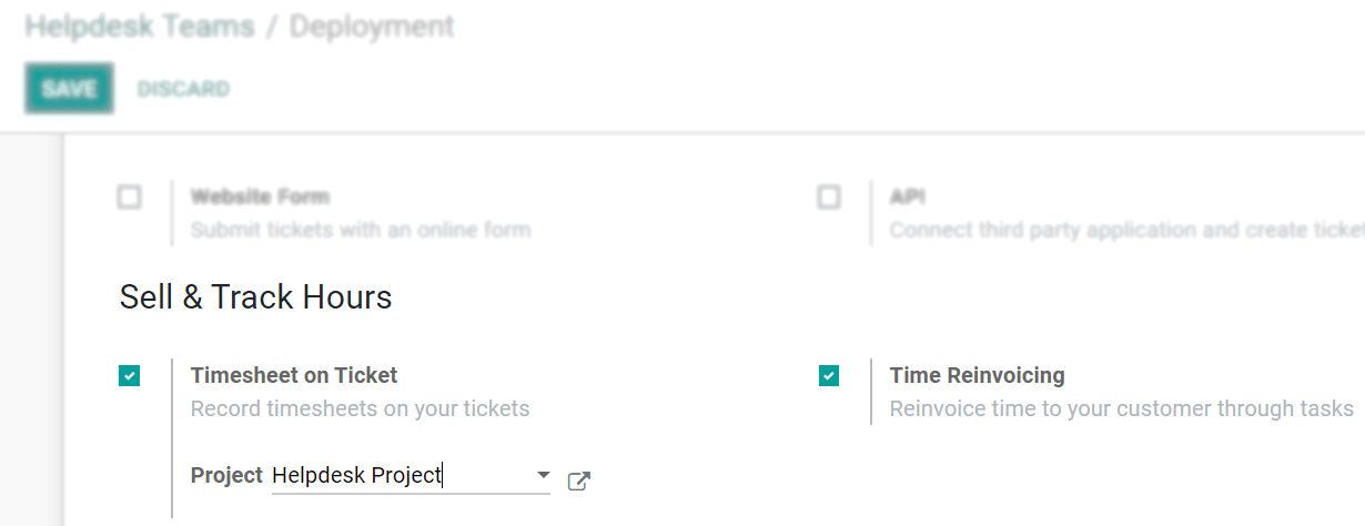 View of a helpdesk team settings page emphasizing the timesheet on ticket and time reinvoicing features in Odoo Helpdesk