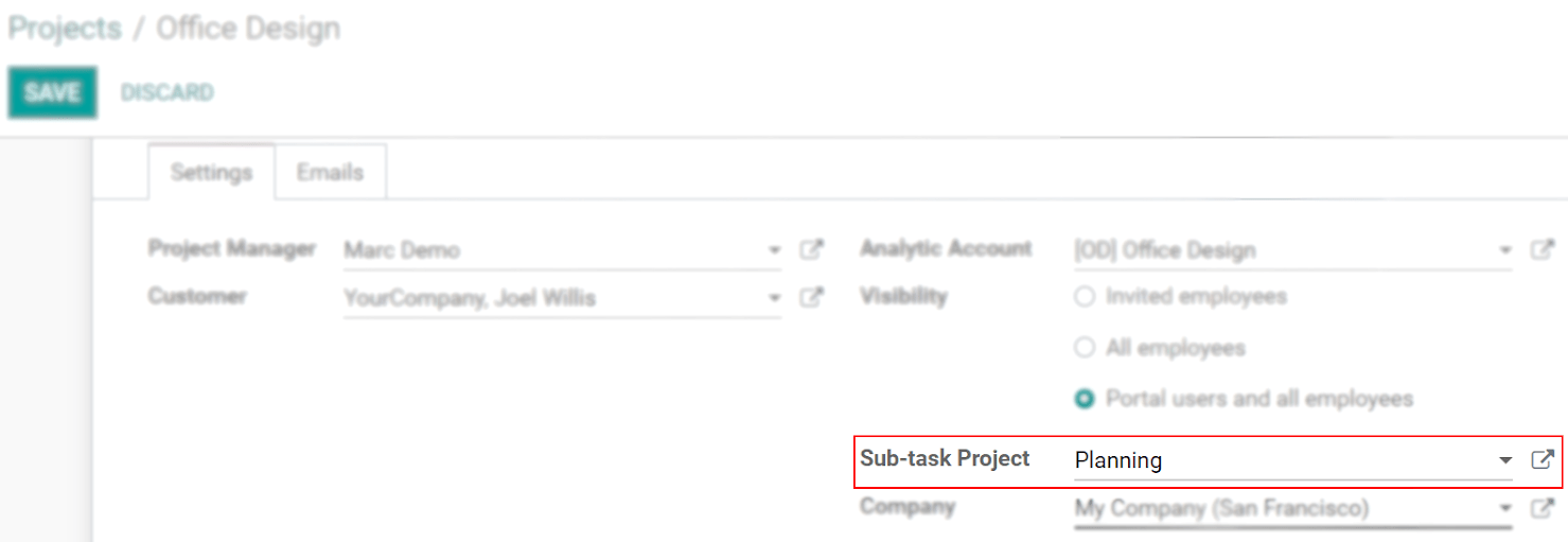 Under the settings of a project, select the sub-task project in Odoo Project