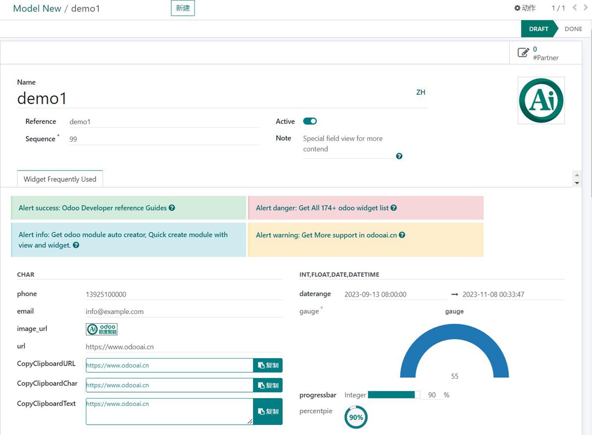 Odoo Module Template. App sample with widget.
