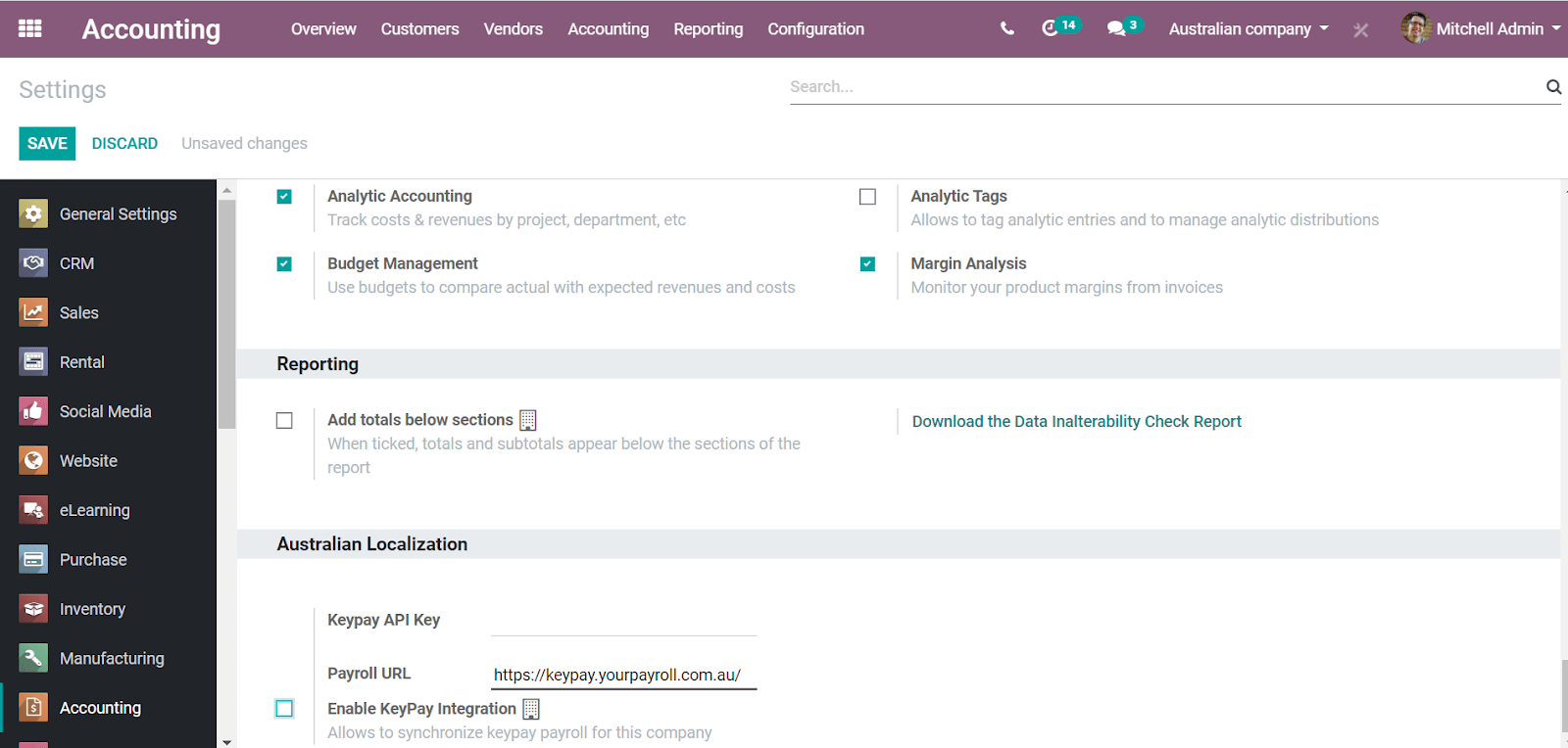Odoo Accounting settings includes a section for the Australian Loclization