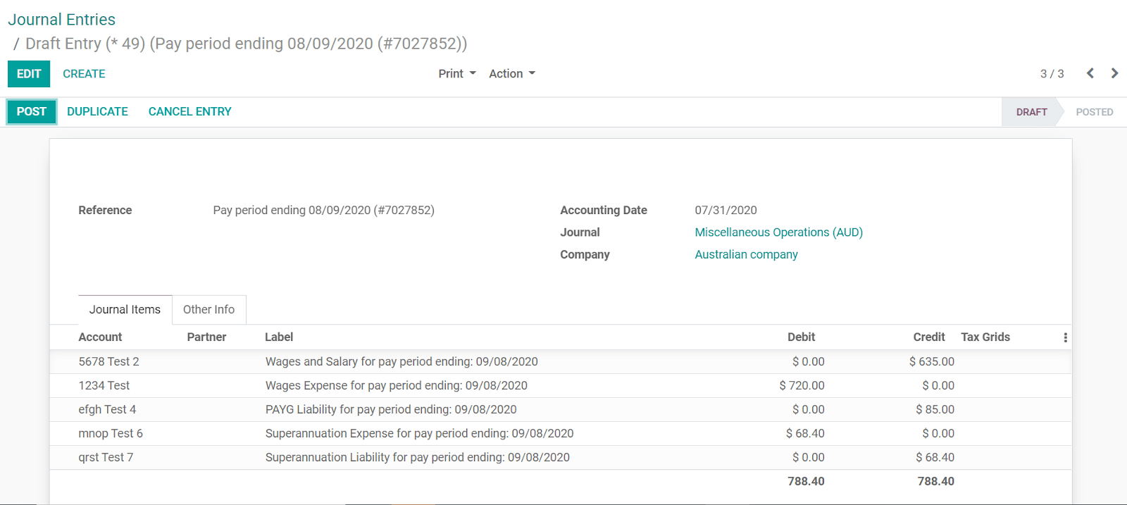 Example of a KeyPay Journal Entry in Odoo Accounting (Australia)