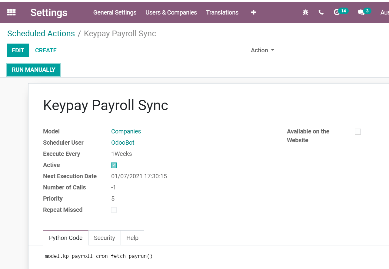 Scheduled Actions settings for KeyPay Payroll in Odoo (debug mode)