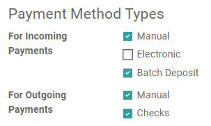 Payment Method Types in a journal's advanced settings