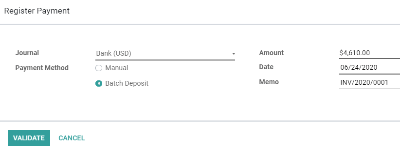 Registering a customer payment as part of a Batch Deposit in Odoo Accounting