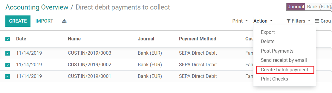Create a batch payment with all the SDD payments in Odoo Accounting