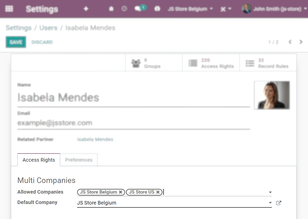 View of an user form emphasizing the multi companies field under the access rights tabs in Odoo