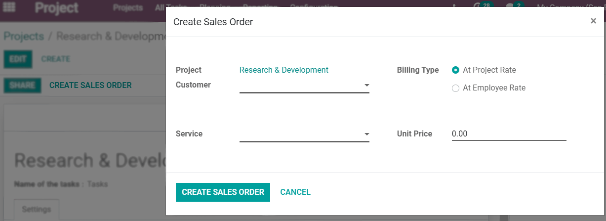 Click on create sales order and choose the billing type in Odoo Project