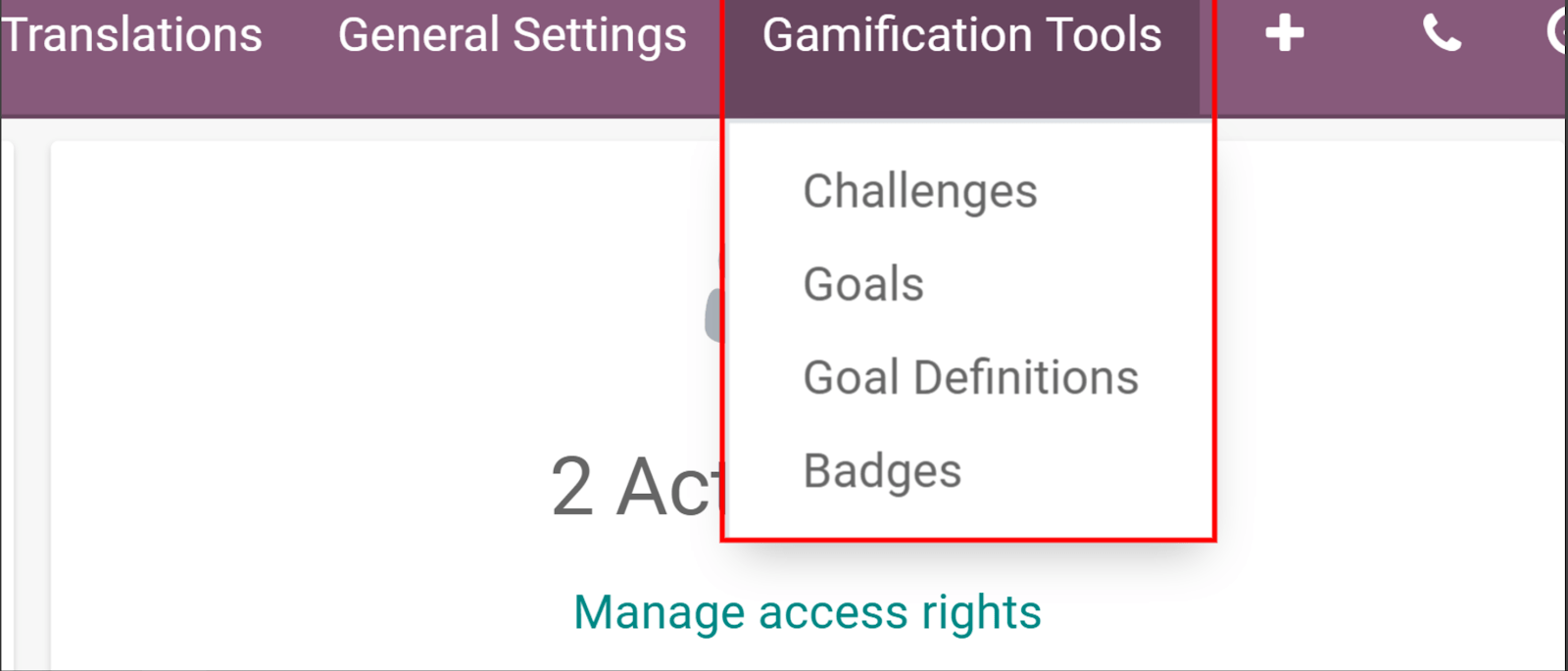 View if the gamification tools menu in Odoo Settings