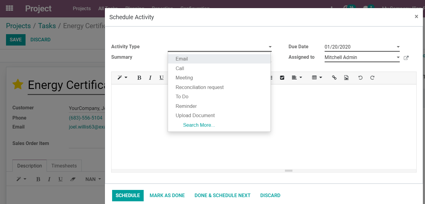 Click on schedule activity and choose the activity to be scheduled in Odoo Project