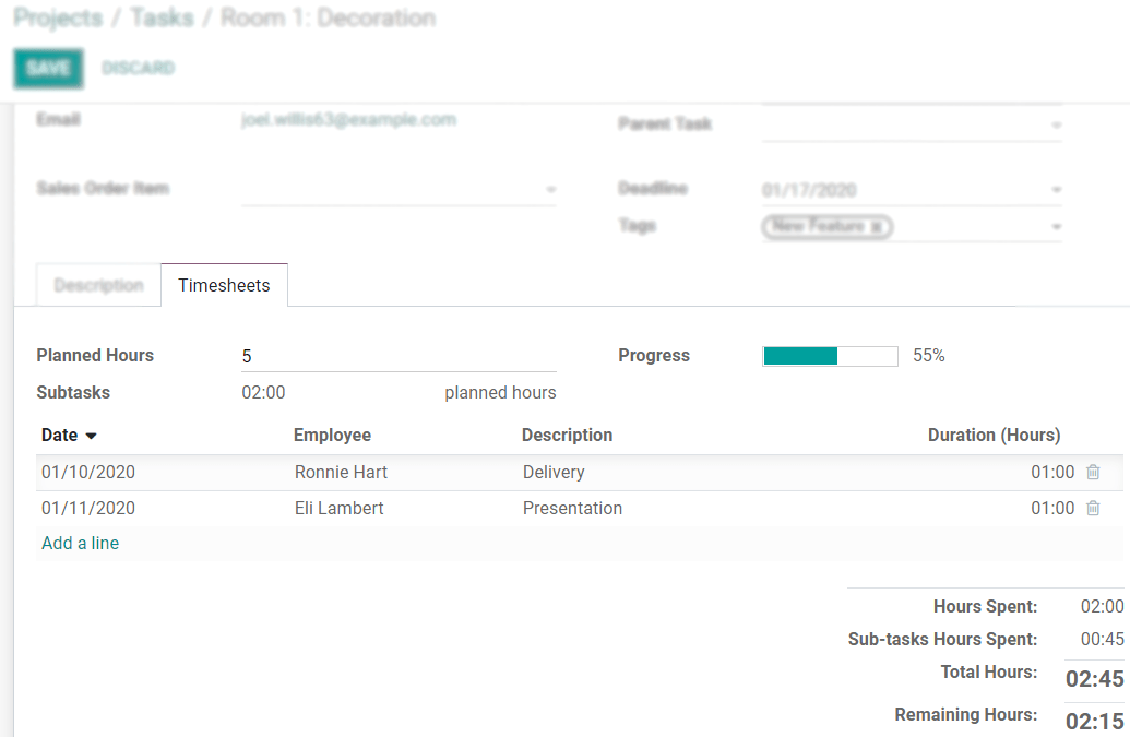 Timesheets tab being shown under a task in Odoo Project