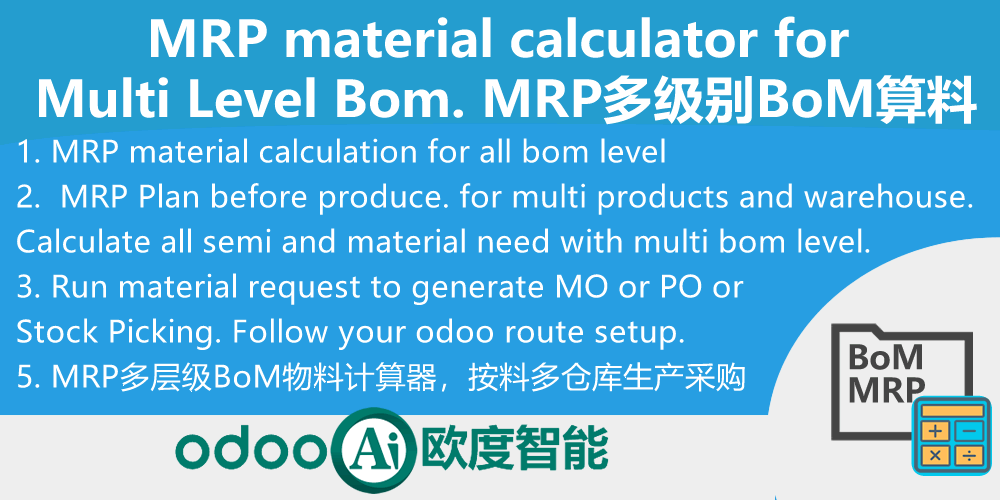 MRP material calculator for all bom level, material request list，MRP计划多仓多产品多层级BoM算料